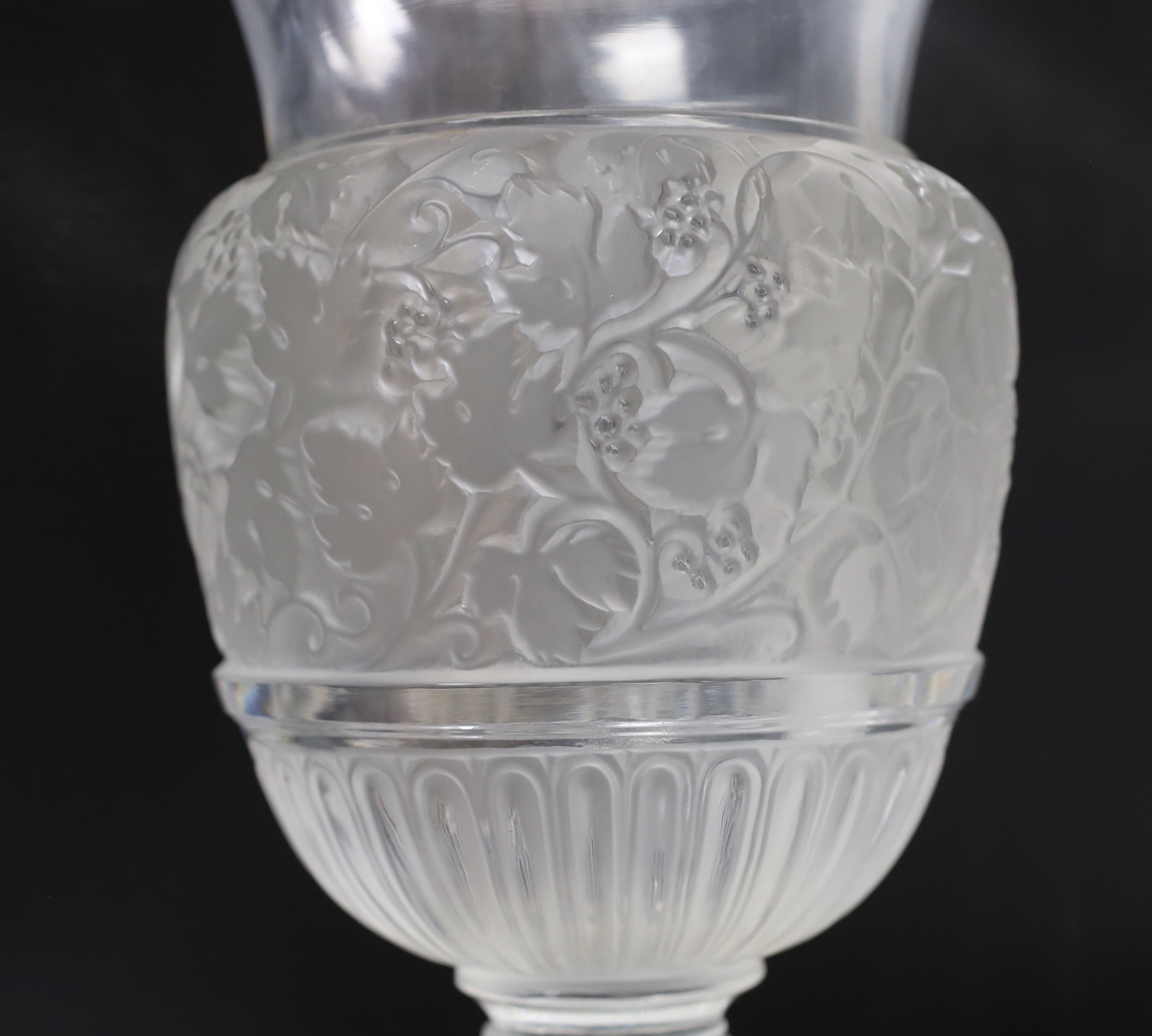 A Lalique frosted glass vase, 35cm (corners chipped)